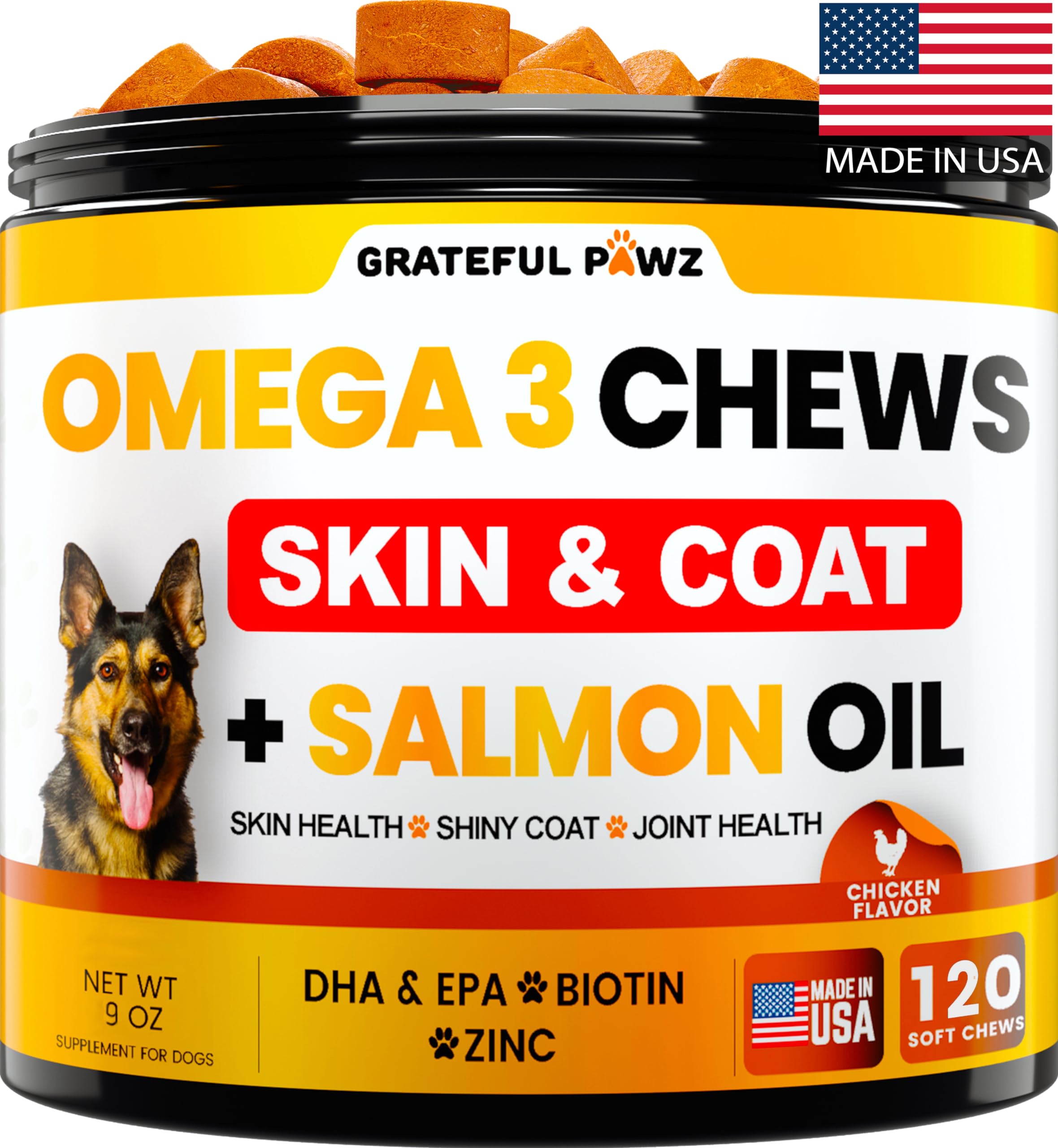 Grateful Pawz Omega3 dog chews packaging highlights USA-made formula for skin and coat support.