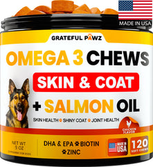 Grateful Pawz Omega3 dog chews packaging highlights USA-made formula for skin and coat support.