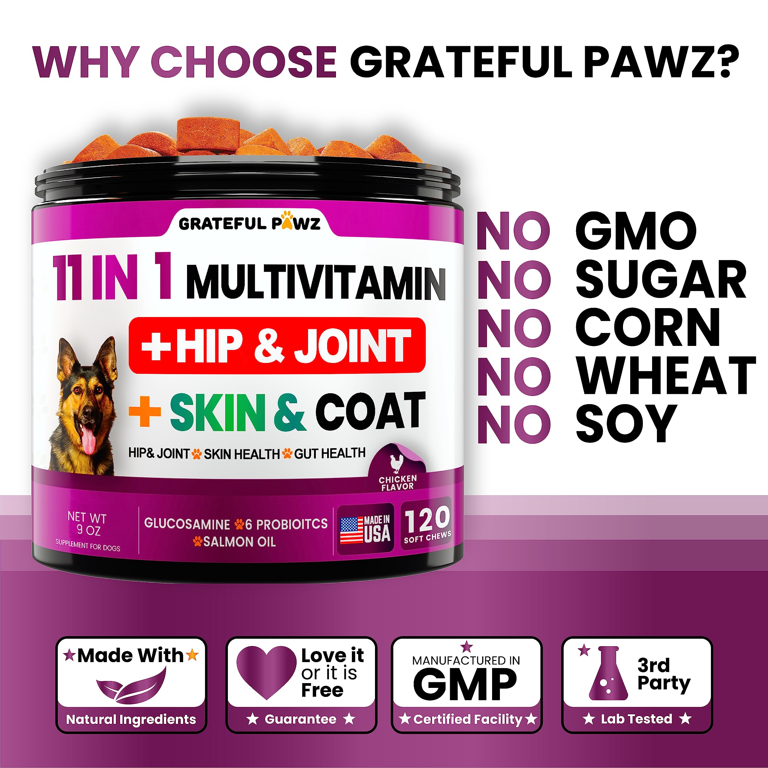 Grateful Pawz soft chews entice picky eaters with natural chicken flavor.
