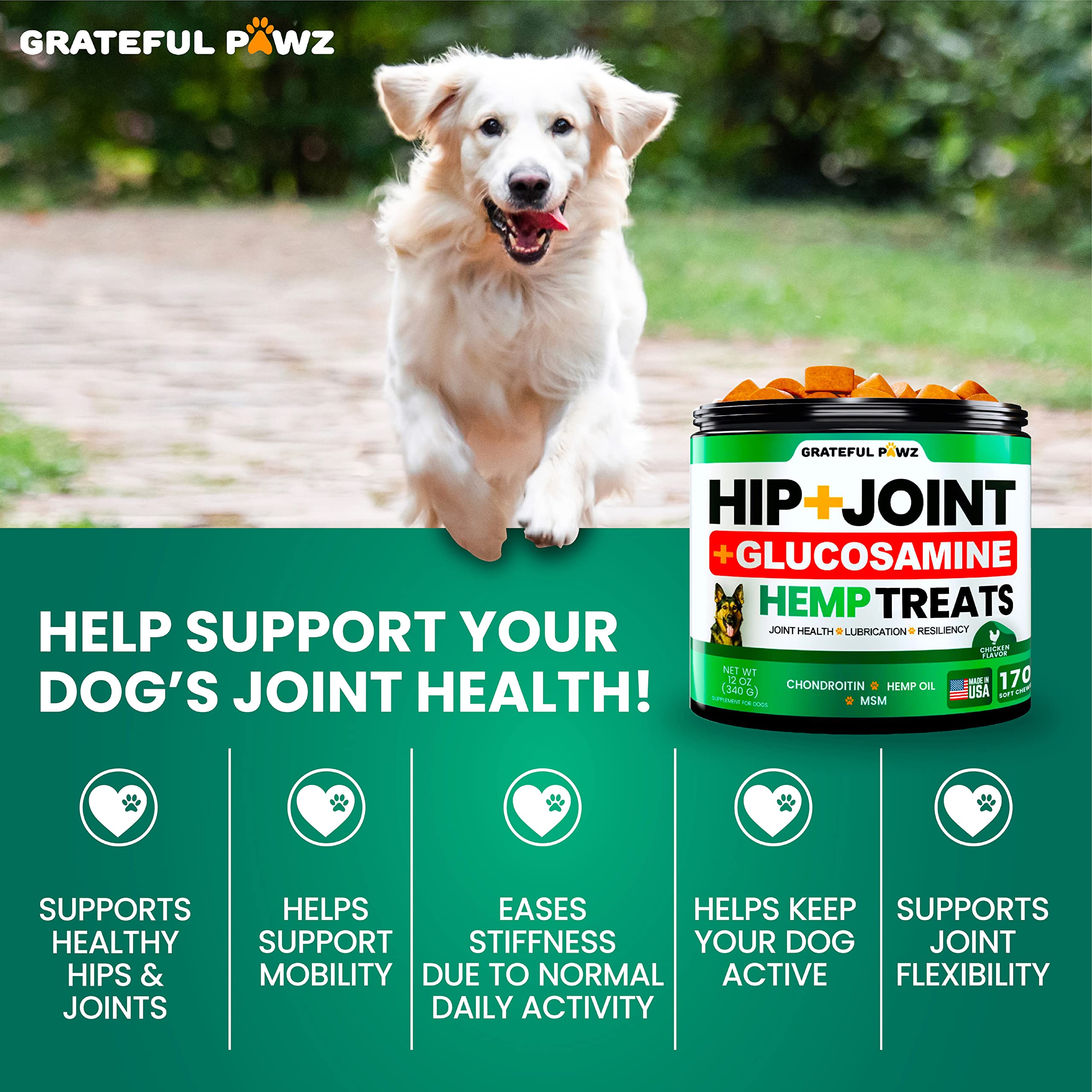 Grateful Pawz tasty chicken hemp chews for dogs hip and joint therapy.