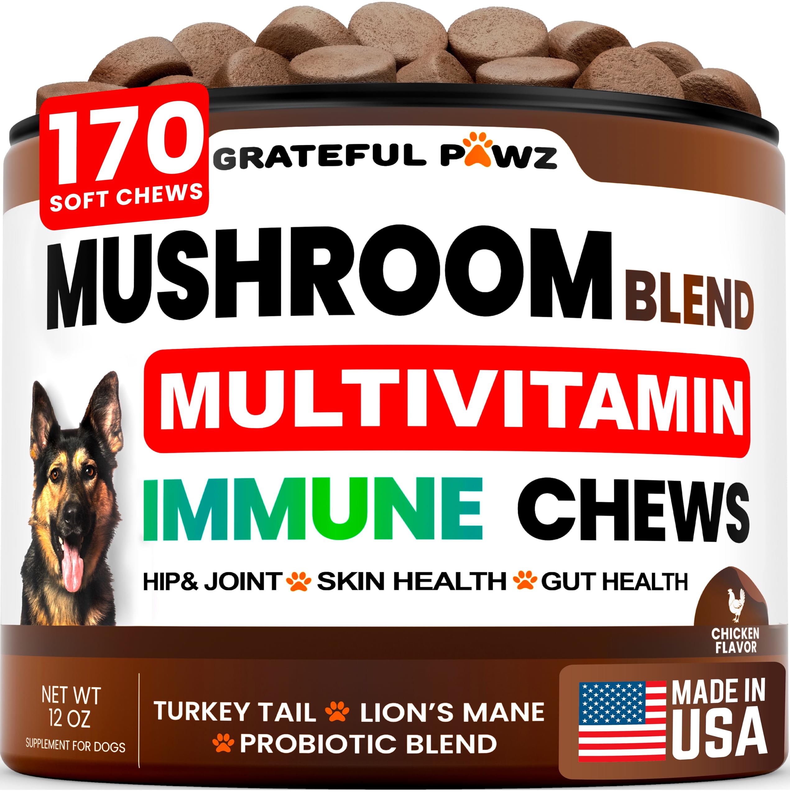 Grateful Pawz Turkey Tail dog chews closeup highlighting immune-supporting daily treat