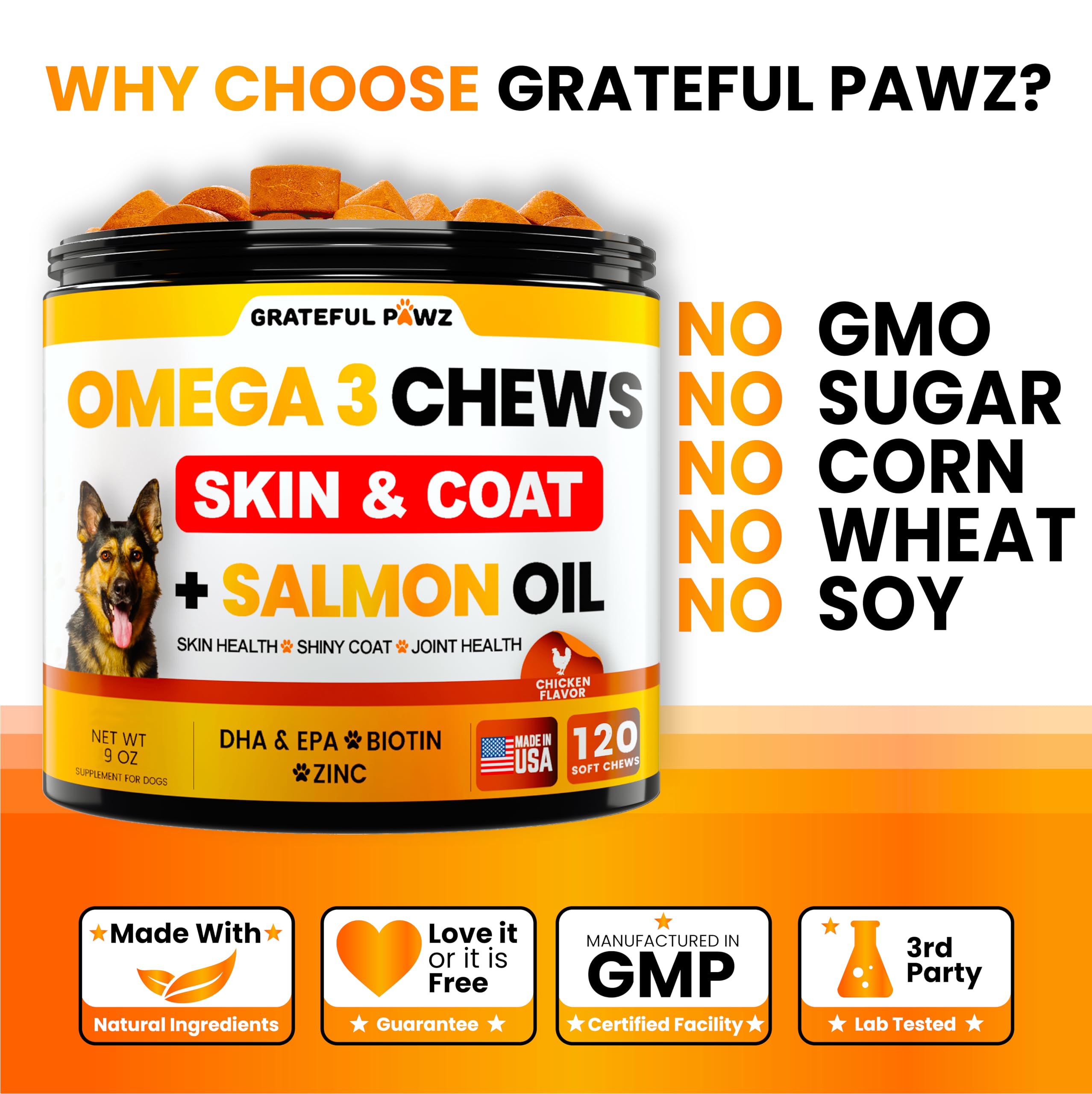Grateful Pawz USA-made dog supplements image reinforces natural ingredients and safety.