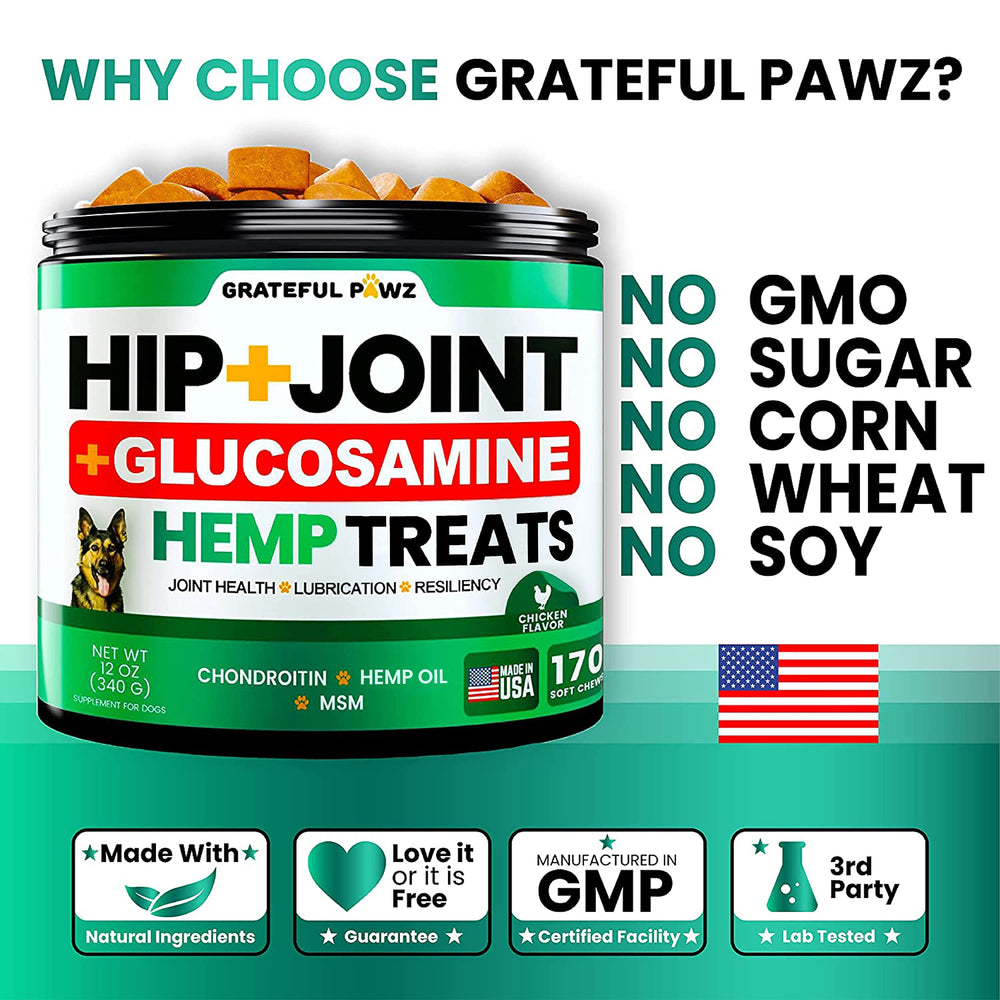 Grateful Pawz USA-made stamp shows quality manufacturing and safe, US-made chews.