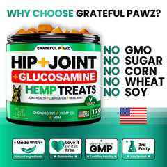 Grateful Pawz USA-made stamp shows quality manufacturing and safe, US-made chews.