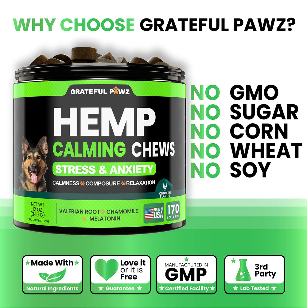 Grateful Pawz USA-made vet-formulated label signals trusted, high-quality calming relief.