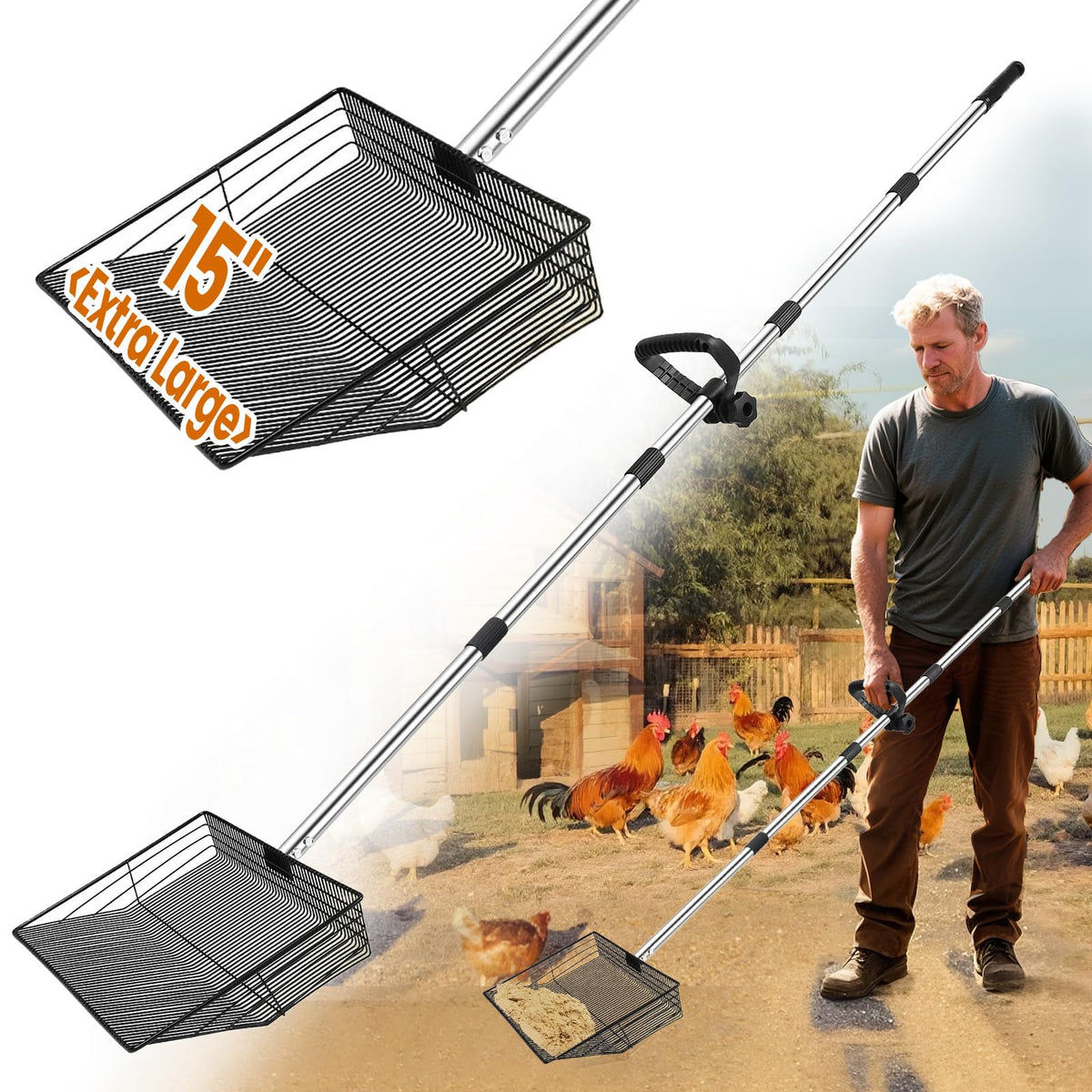 Great Dachong 15-inch coop scooper with ergonomic grip for back-friendly cleaning.