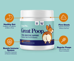 Great Poop Probiotics dog chews in chicken flavor for tasty gut support.