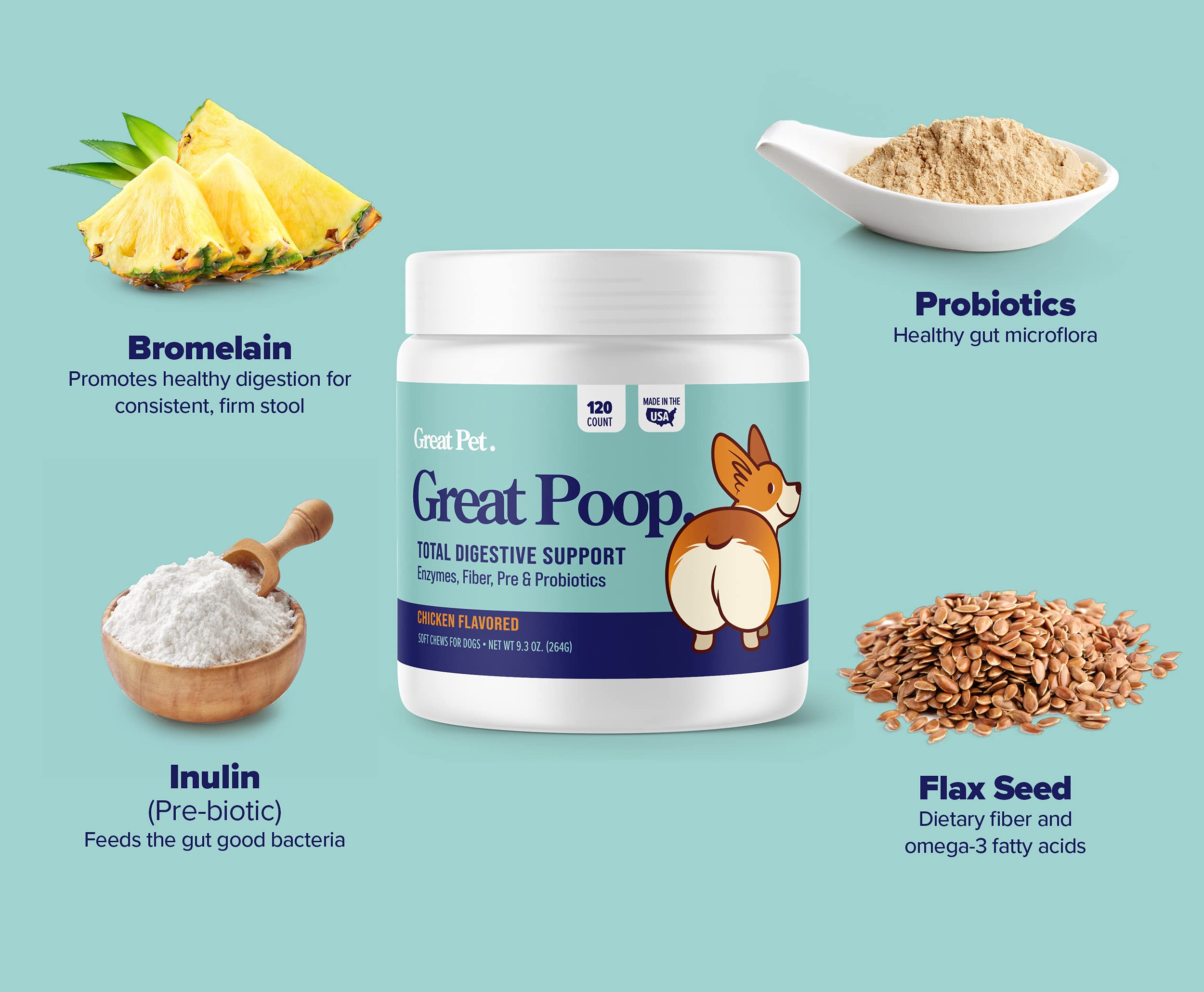 Packaging label for Great Poop Probiotics highlights USA-made and allergen-free formulation.