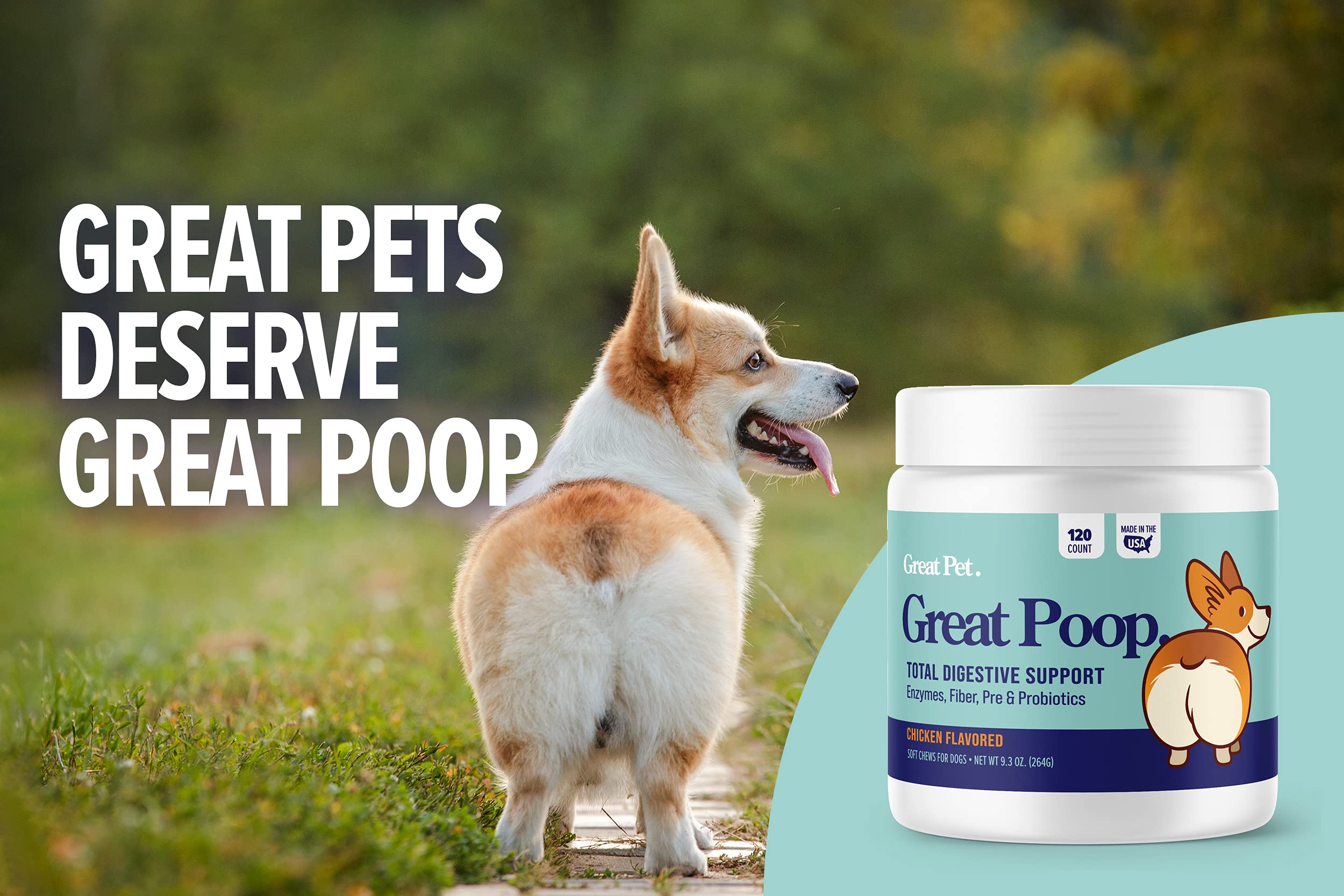 Feeding chart page helps owners portion Great Poop Probiotics chews by size.