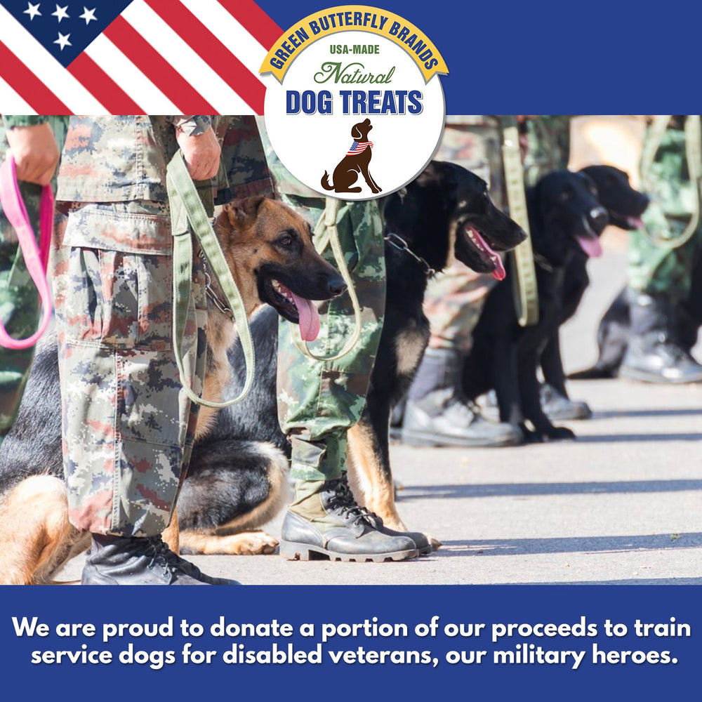 Green Butterfly Brands beef dog treats donation support for service dogs program.