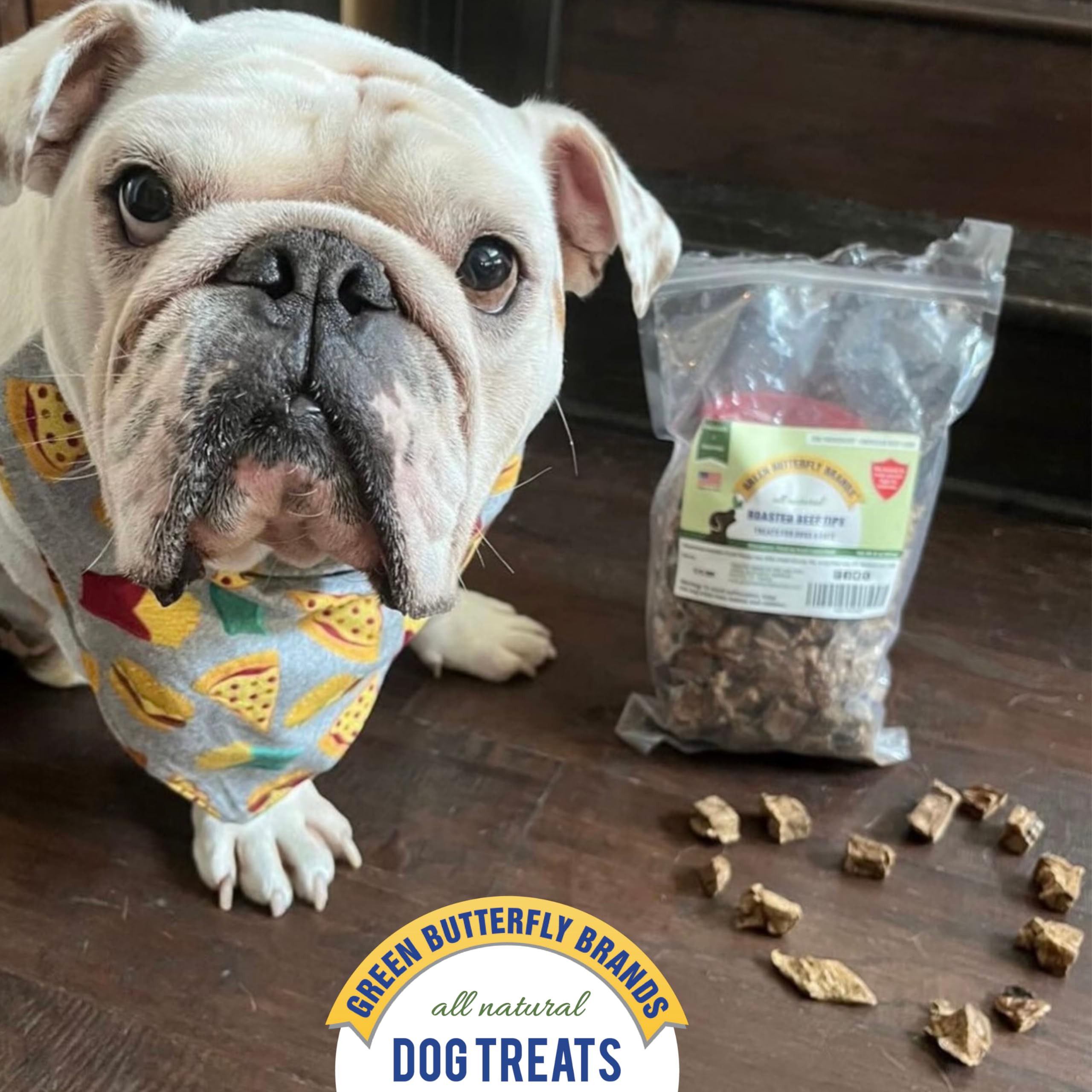 Green Butterfly Brands beef dog treats serving-size pieces for training sessions.