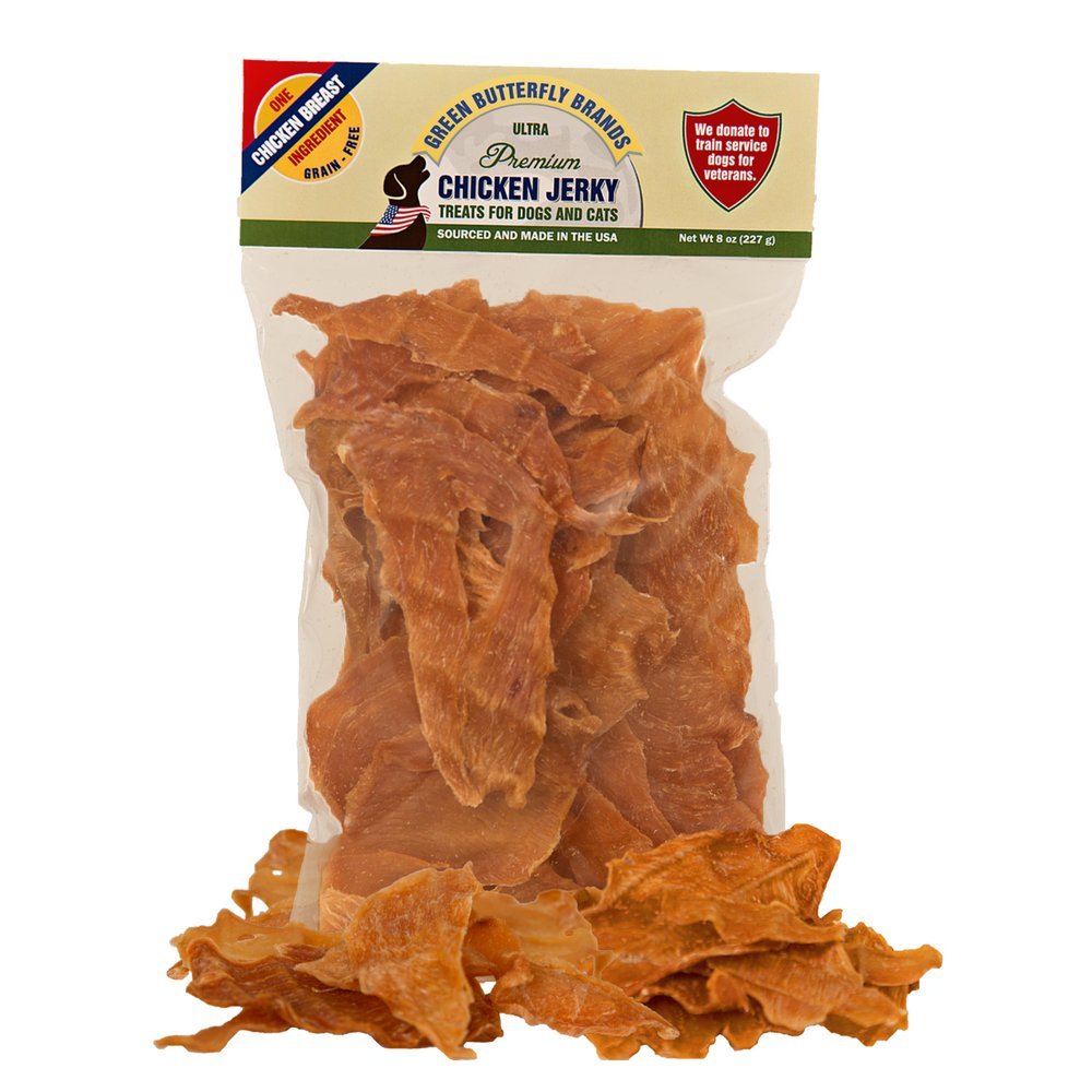 Green Butterfly Brands chicken jerky bag – single-ingredient, grain-free dog snack.