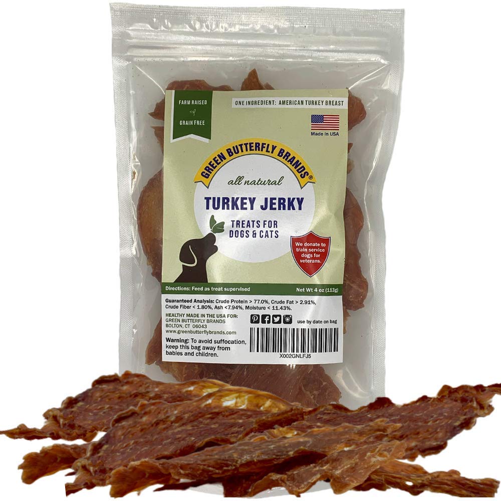 Green Butterfly Brands dog jerky packaging showcases premium USA-made turkey treats for training rewards.