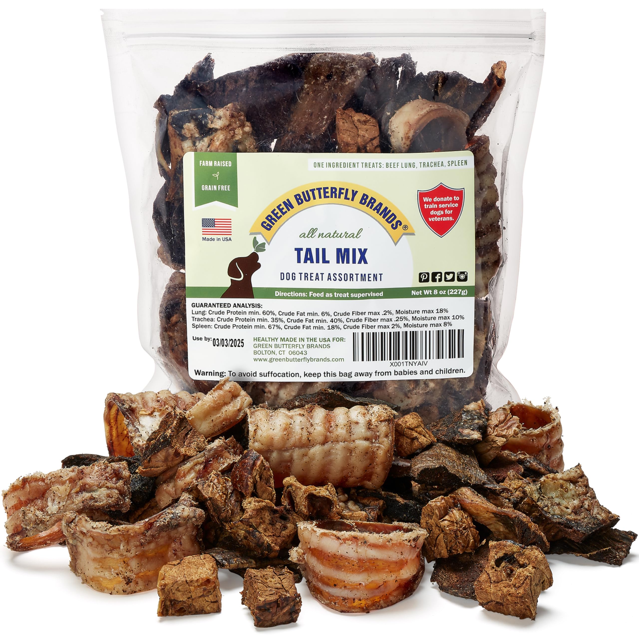 Green Butterfly Brands Tail Mix beef lung chunks for tasty training rewards.