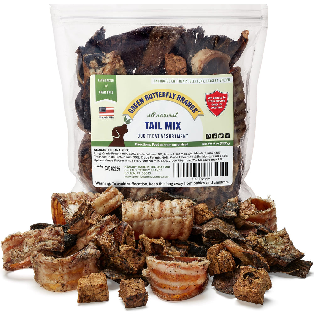 Green Butterfly Brands Tail Mix beef lung chunks for tasty training rewards.