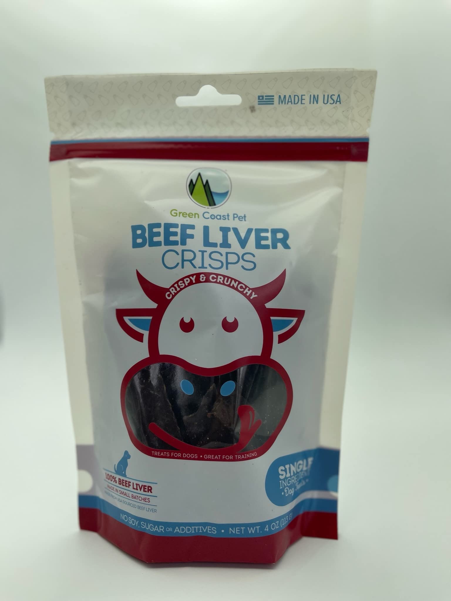 Green Coast Pet Beef Liver Crisps bag-open displaying USA-sourced beef liver treats