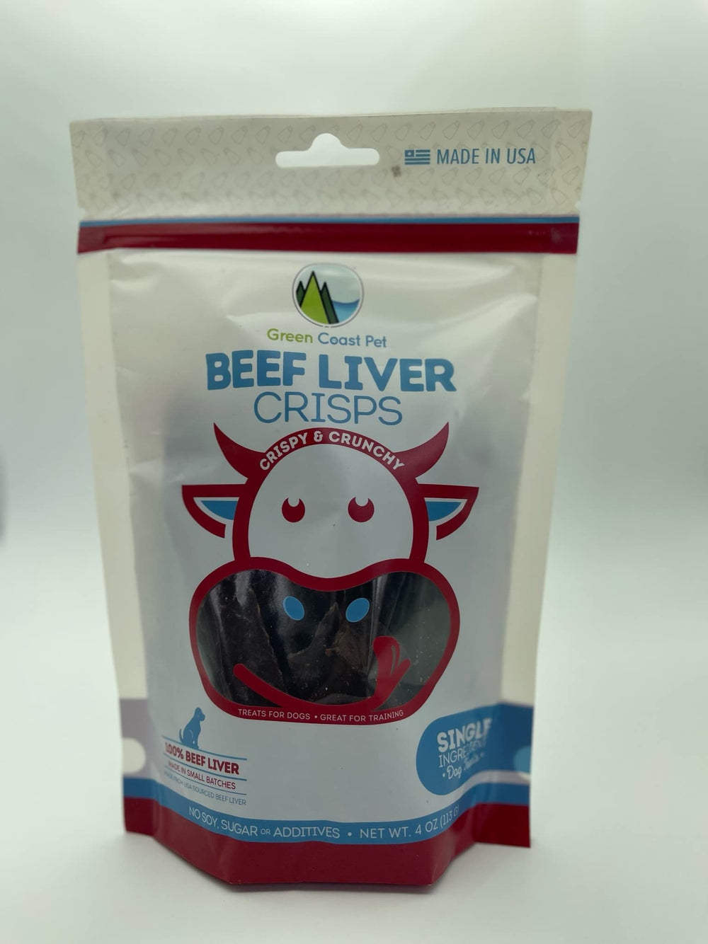 Green Coast Pet Beef Liver Crisps bag-open displaying USA-sourced beef liver treats