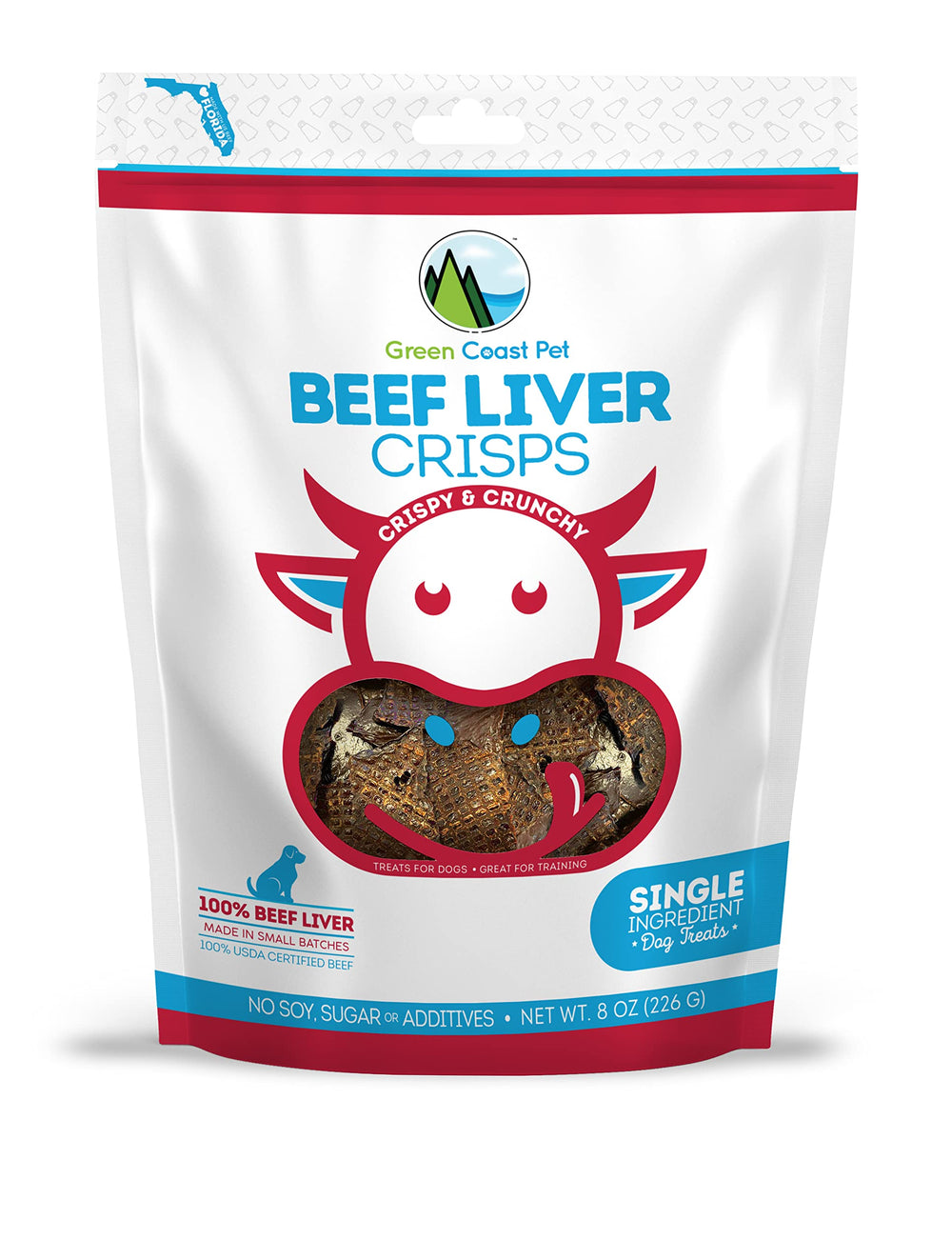 Green Coast Pet Beef Liver Crisps pack-front showing single-ingredient treats for dogs