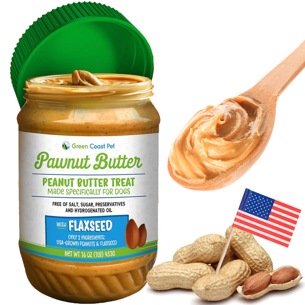 Green Coast Pet natural peanut butter jar front view highlighting premium, dog-safe snack option