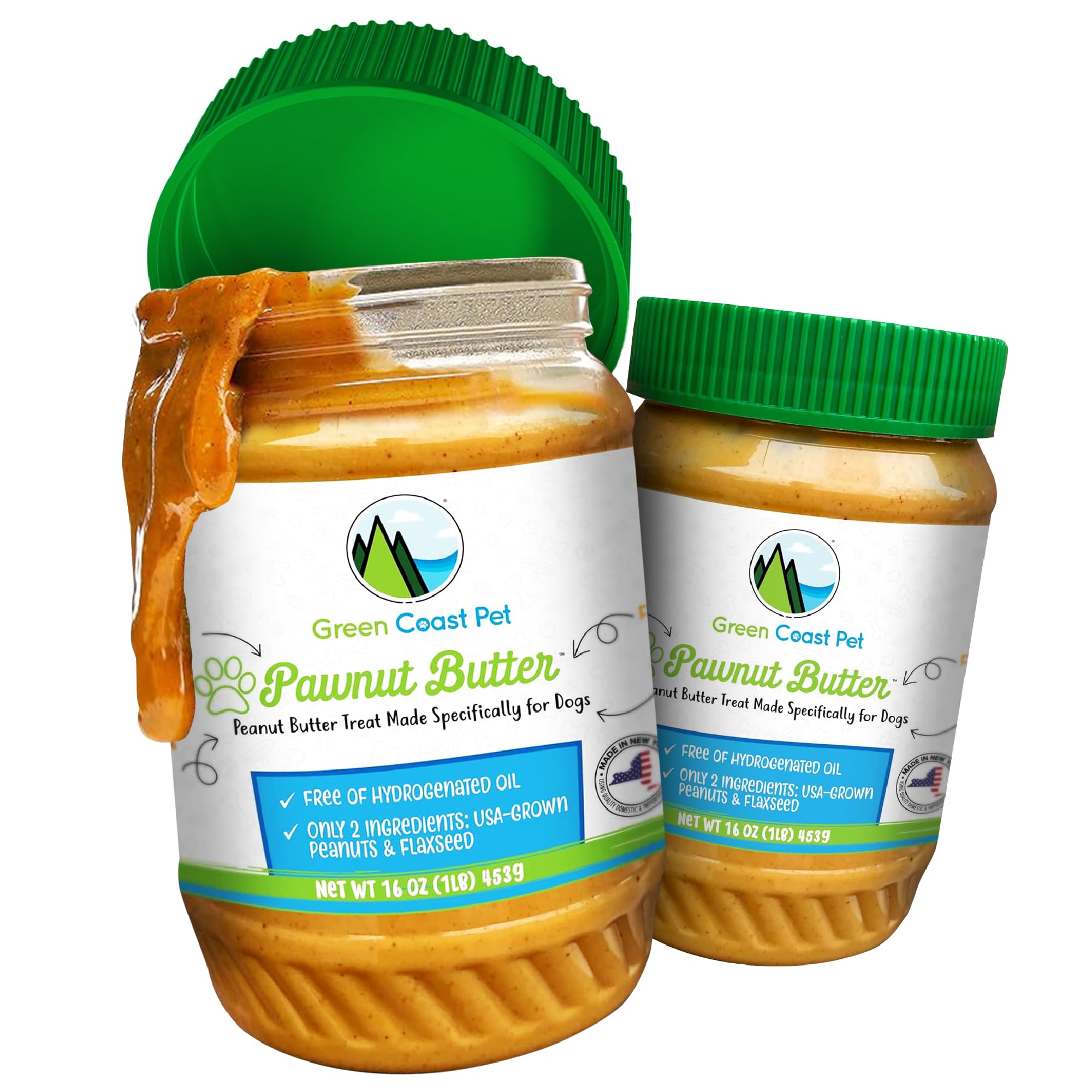 Green Coast Pet peanut butter jar closeup showing creamy texture ideal for training rewards