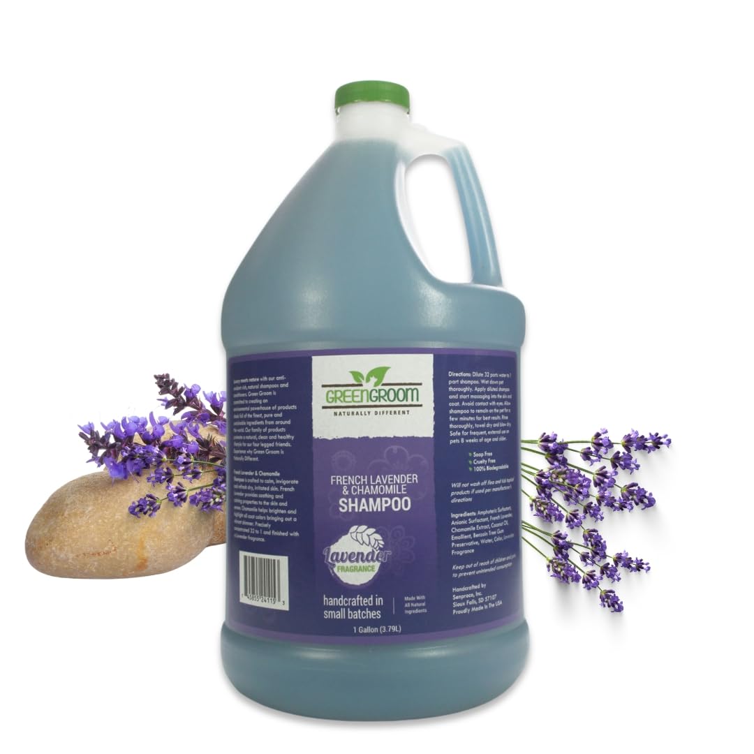 GreenGroom French Lavender Chamomile Shampoo bottle emphasizes calming scent and gentle cleansing.