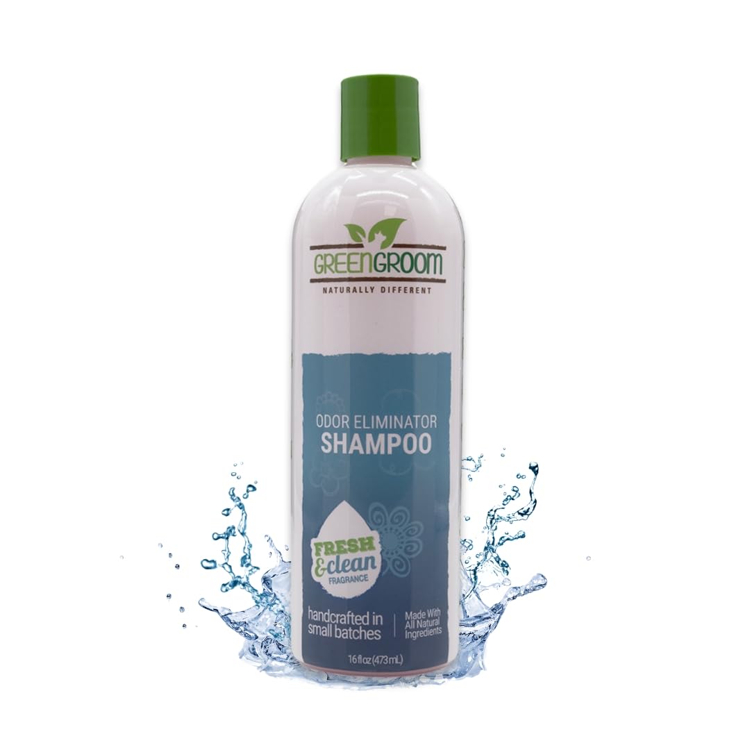 GreenGroom Odor Eliminator shampoo bottle emphasizes odor control for dogs