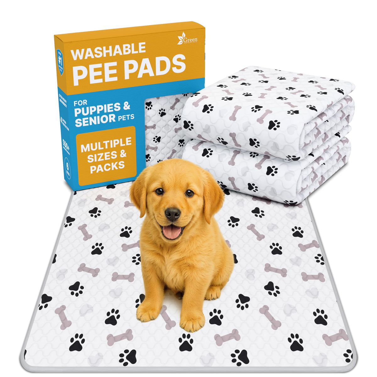 Green Lifestyle washable dog pad with waterproof backing protects floors during potty training.