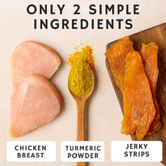 Green Paws chicken jerky texture close-up, tender strips ideal for chewing and dental engagement.