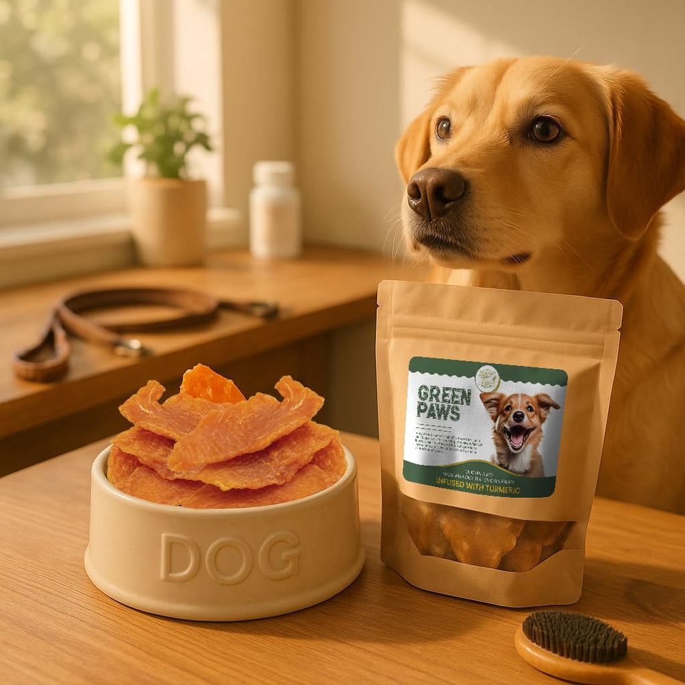Green Paws chicken jerky in bowl, serving a tasty, chewy snack during playtime.