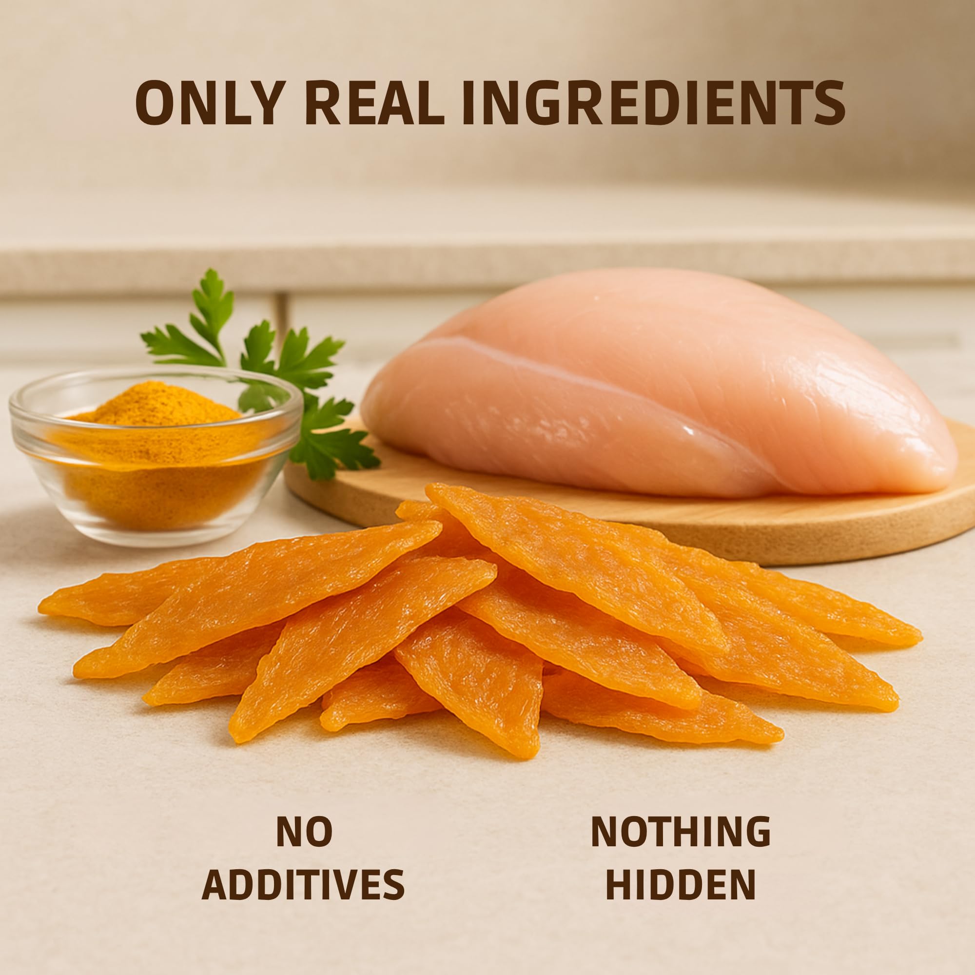 Green Paws chicken jerky turmeric slices close-up, showing high-protein, grain-free snack for dogs.