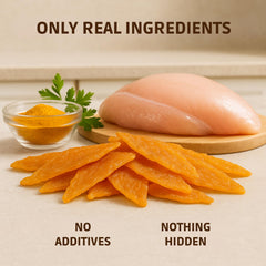 Green Paws chicken jerky turmeric slices close-up, showing high-protein, grain-free snack for dogs.