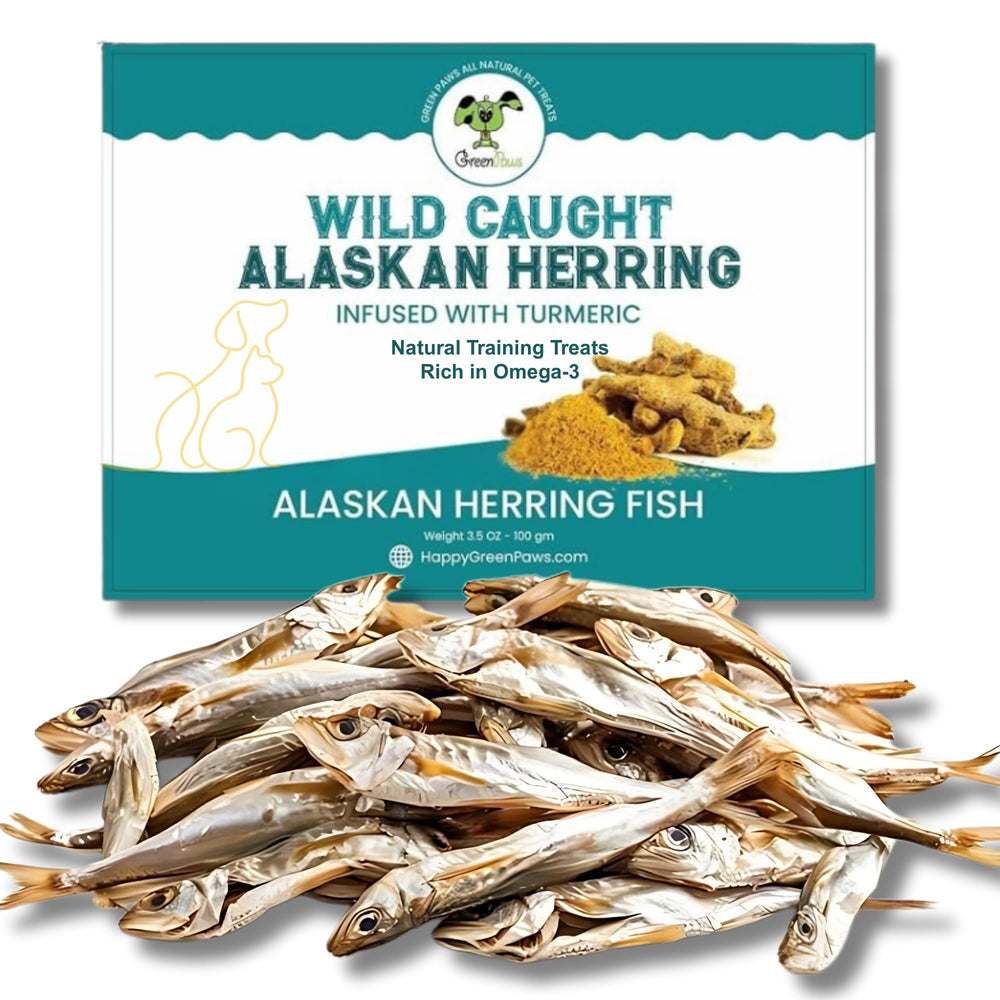 green paws Happy Gluten Free Herring Treats packaging highlights gluten-free, single-ingredient goodness for sensitive pets.