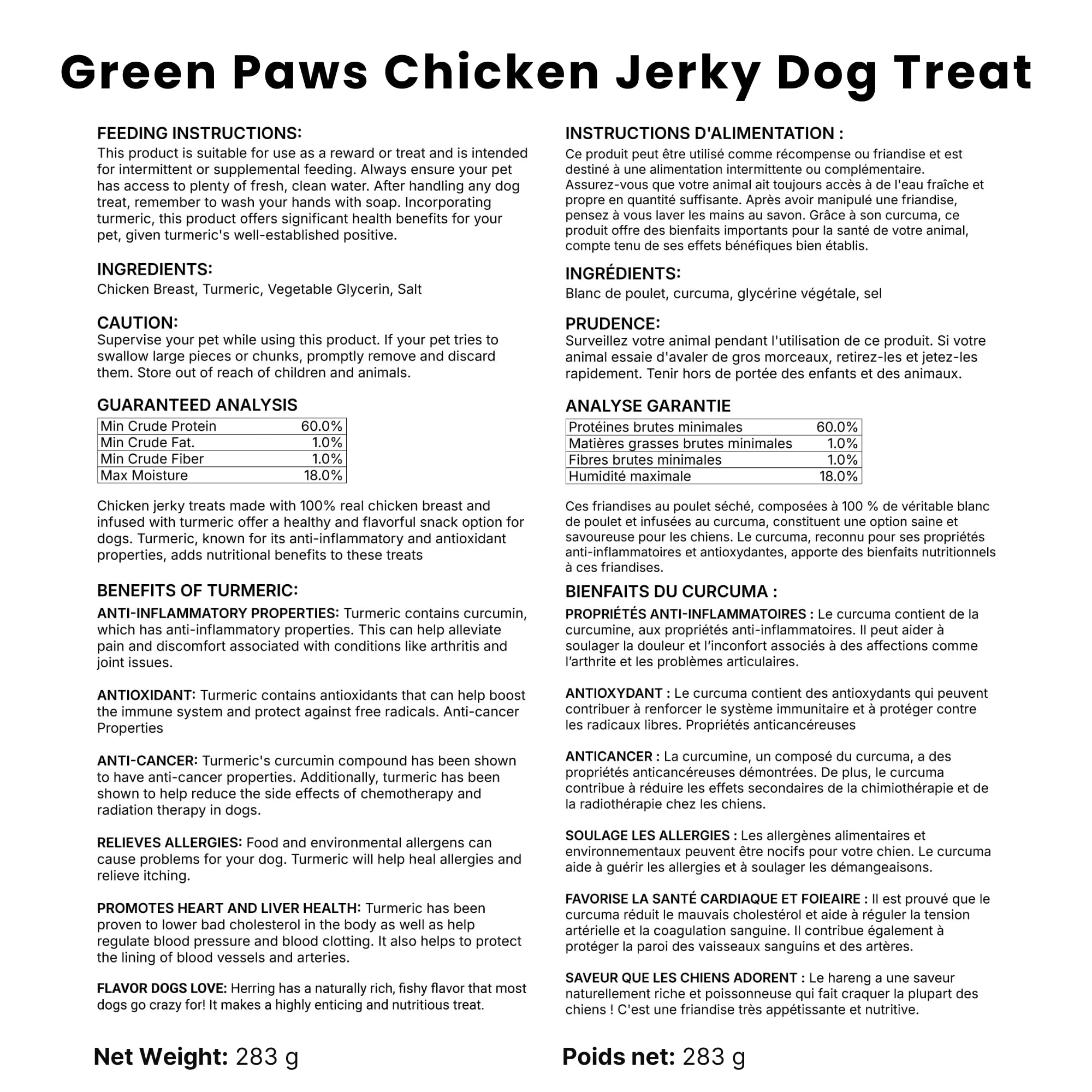Green Paws jerky container half-open, showing generous 10 oz (283 g) bag.