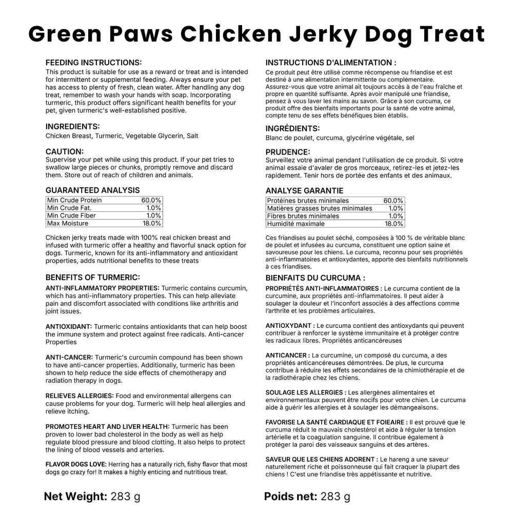 Green Paws jerky container half-open, showing generous 10 oz (283 g) bag.