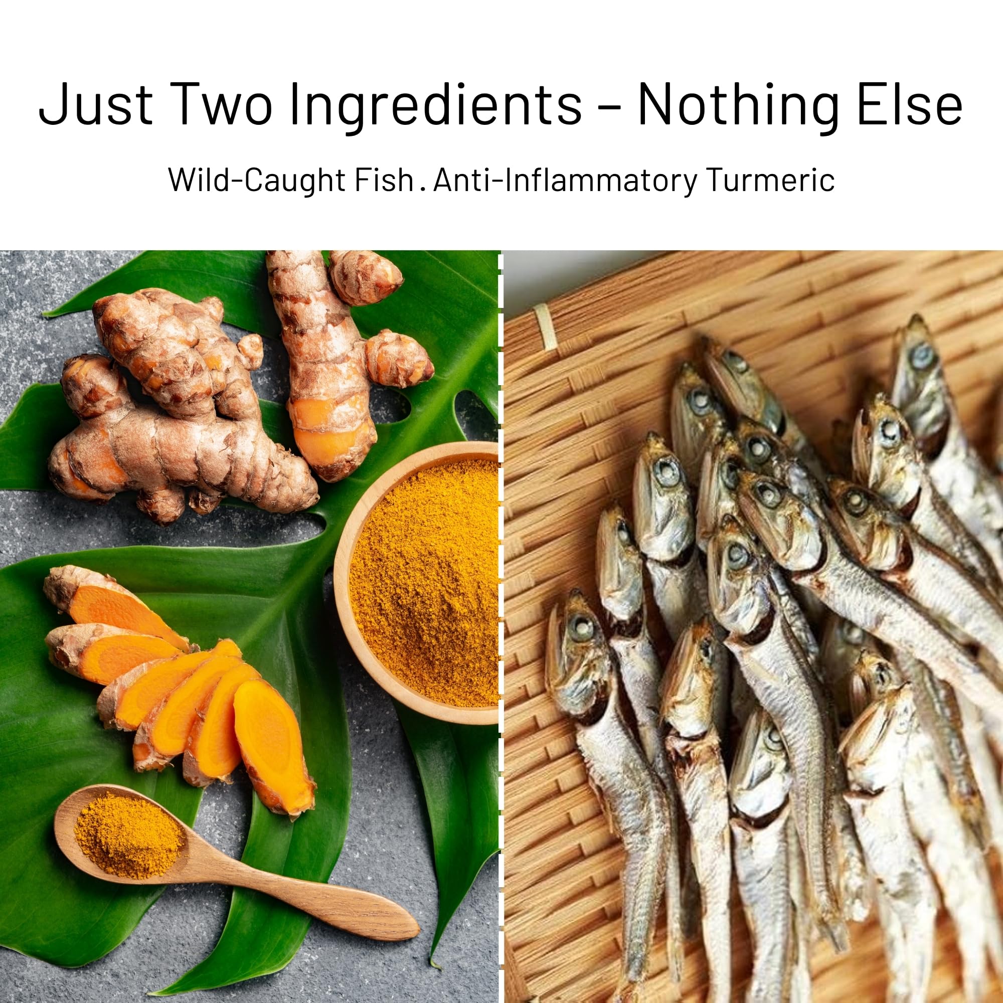 green paws wild-caught Alaska herring image emphasizes high-protein, natural treat for dogs and cats.
