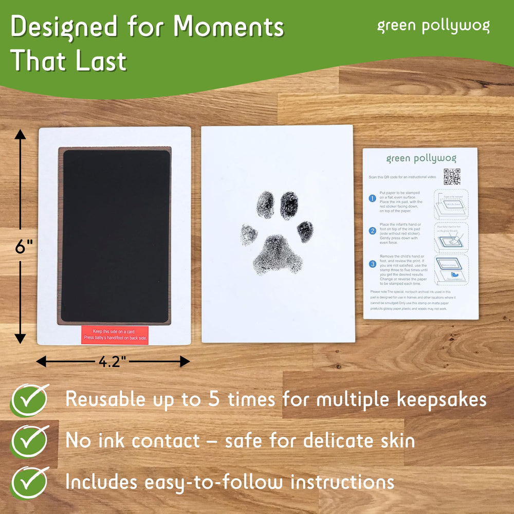 Green Pollywog paw print on paper demonstrates lasting keepsake moment.