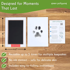 Green Pollywog paw print on paper demonstrates lasting keepsake moment.