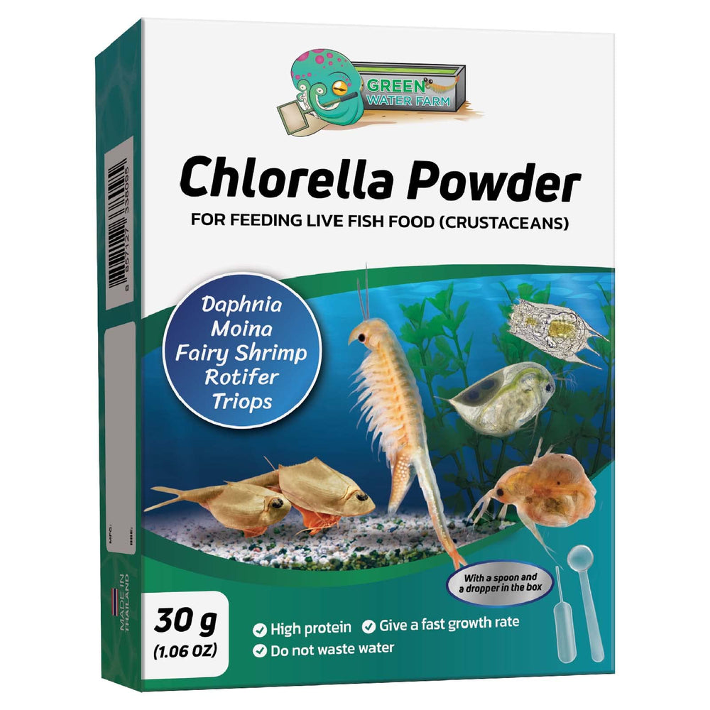 GREEN WATER FARM chlorella powder packaging ready for crustacean feeding in home aquariums