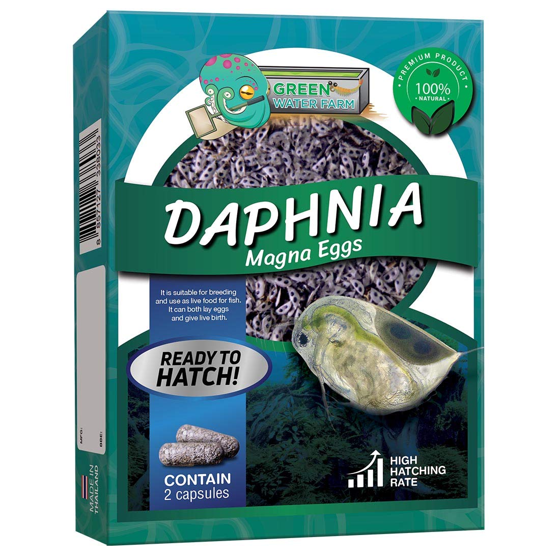 Green Water Farm Daphnia magna eggs packaging shown for fresh live fish nutrition