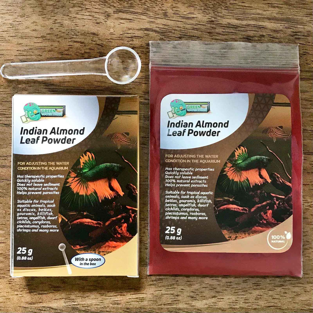 Green Water Farm Indian almond leaf powder close-up texture reveals fine powder.