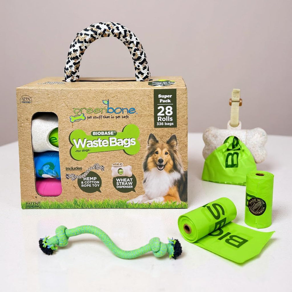Greenbone BioBase dispenser attachment to leash demonstrates quick-access bag use.