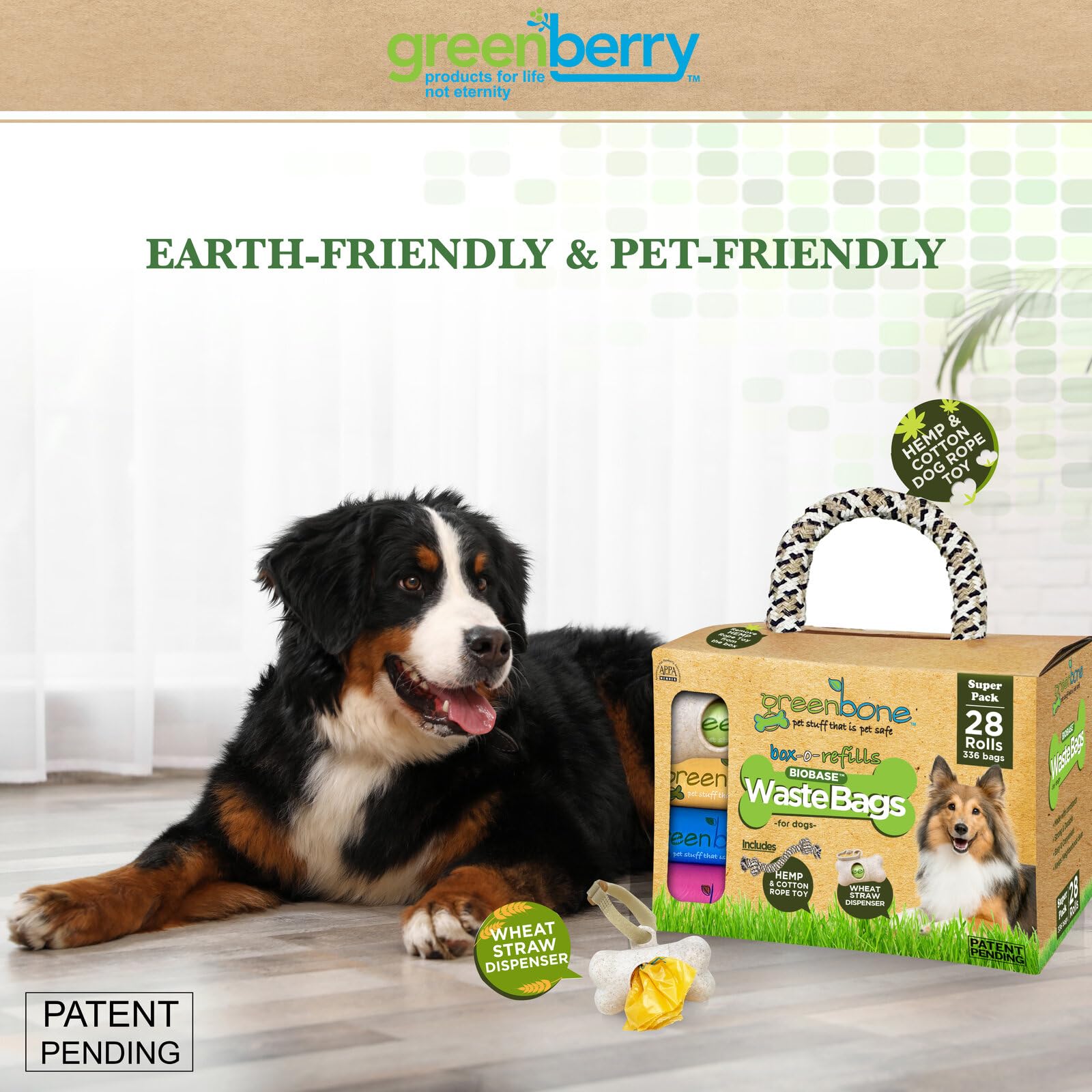 Greenbone BioBase gift set combines bags, dispenser, and rope toy for dog fans.