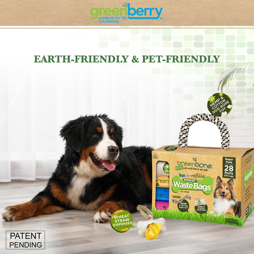 Greenbone BioBase gift set combines bags, dispenser, and rope toy for dog fans.