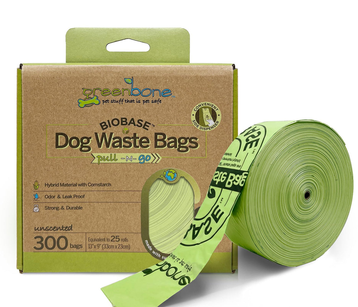 Greenbone BioBase pull-and-go poop bags roll unscented for quick yard cleanup.