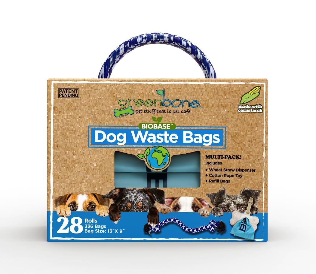Greenbone BioBase wheat straw dispenser on a leash for easy bag access.