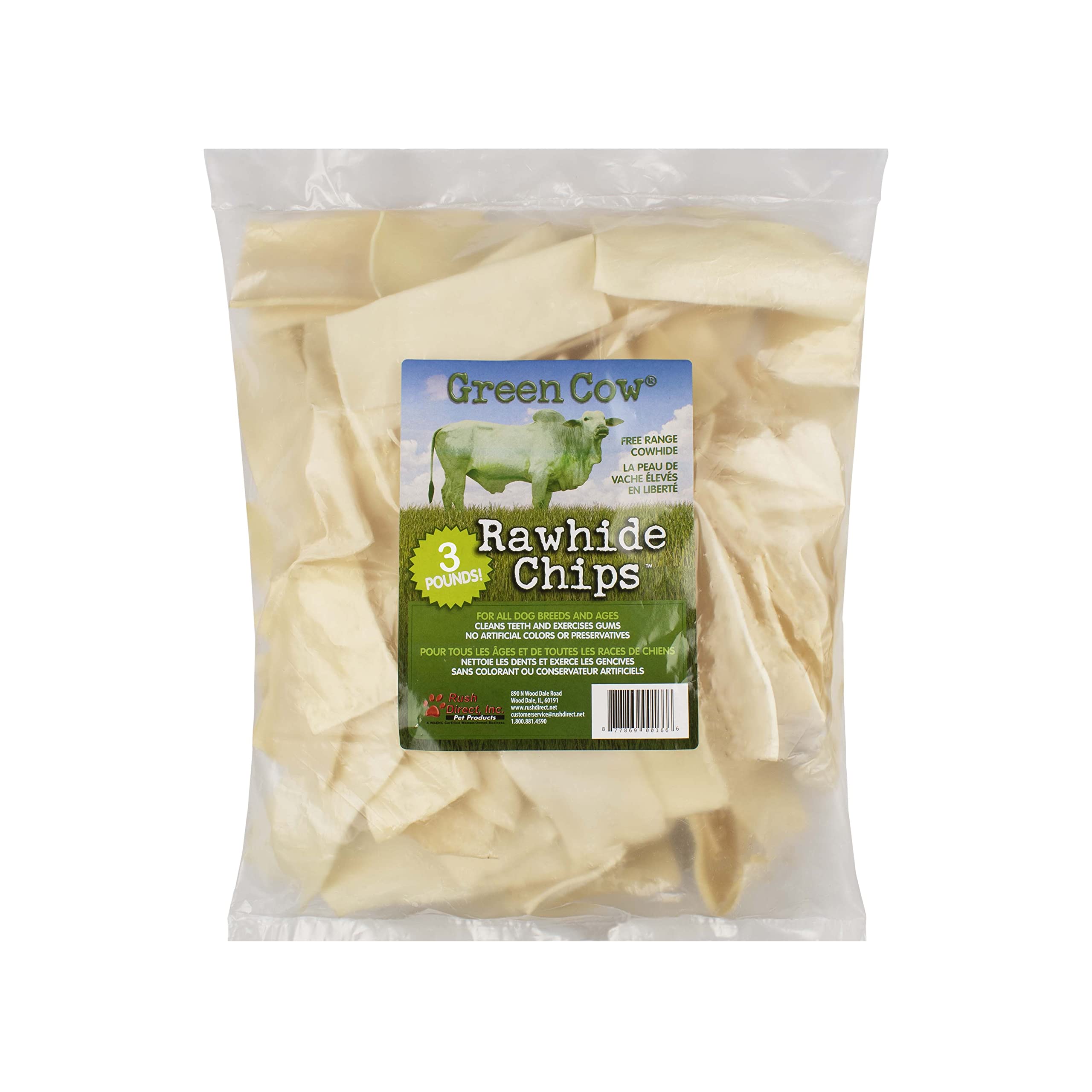GreenCow Rawhide Chips bag front highlighting premium rawhide for aggressive chewers