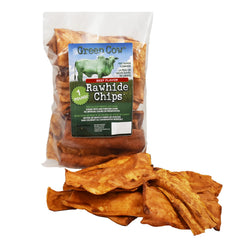 GreenCow Rawhide Chips beef flavor bag front shows durable chew for aggressive chewers