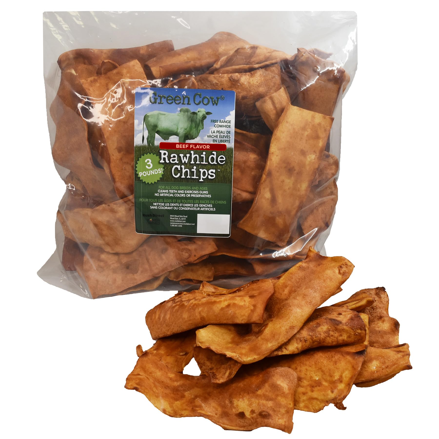 Greencow Rawhide Chips Beef Flavor Bag promotes long-lasting chewing for dogs.