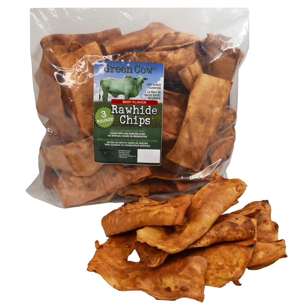 Greencow Rawhide Chips Beef Flavor Bag promotes long-lasting chewing for dogs.
