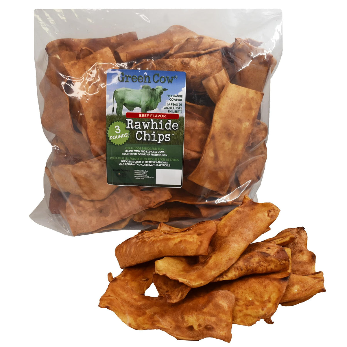 Greencow Rawhide Chips Beef Flavor Bag promotes long-lasting chewing for dogs.